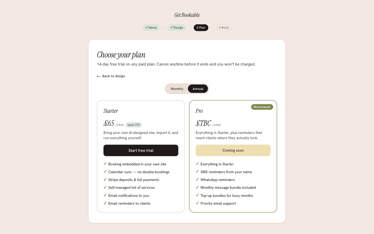 The plan step during onboarding: a 14-day free trial, a monthly/annual billing toggle, and the Starter plan.
