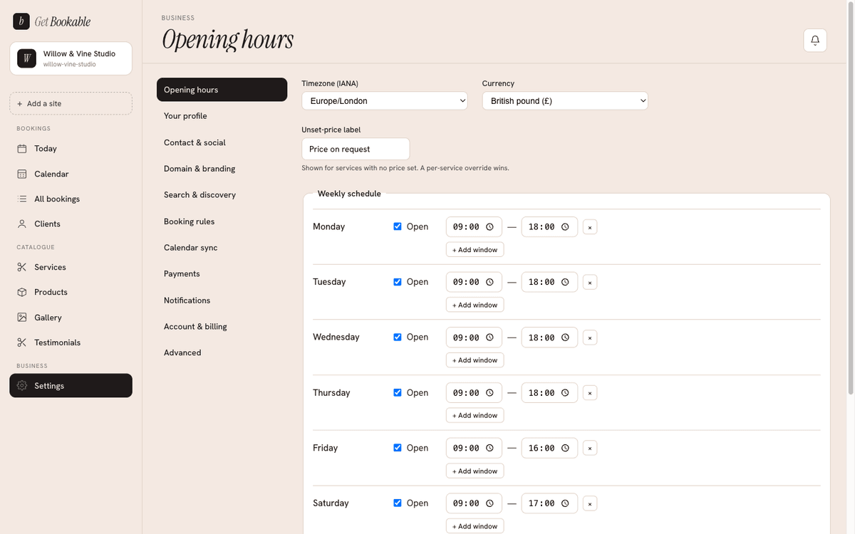 The Opening hours settings, with per-day open/closed toggles and time windows.
