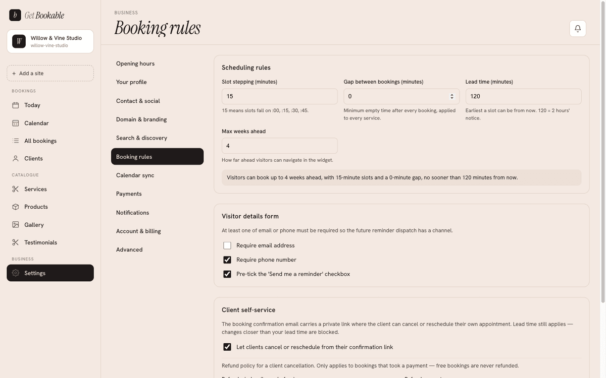 The Booking rules settings: slot timing, the visitor details form, and client self-service.