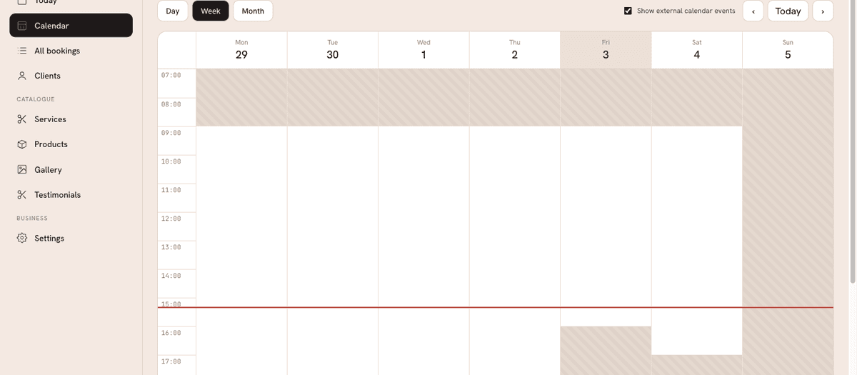 The Calendar week view, with times outside opening hours and the weekend shaded.