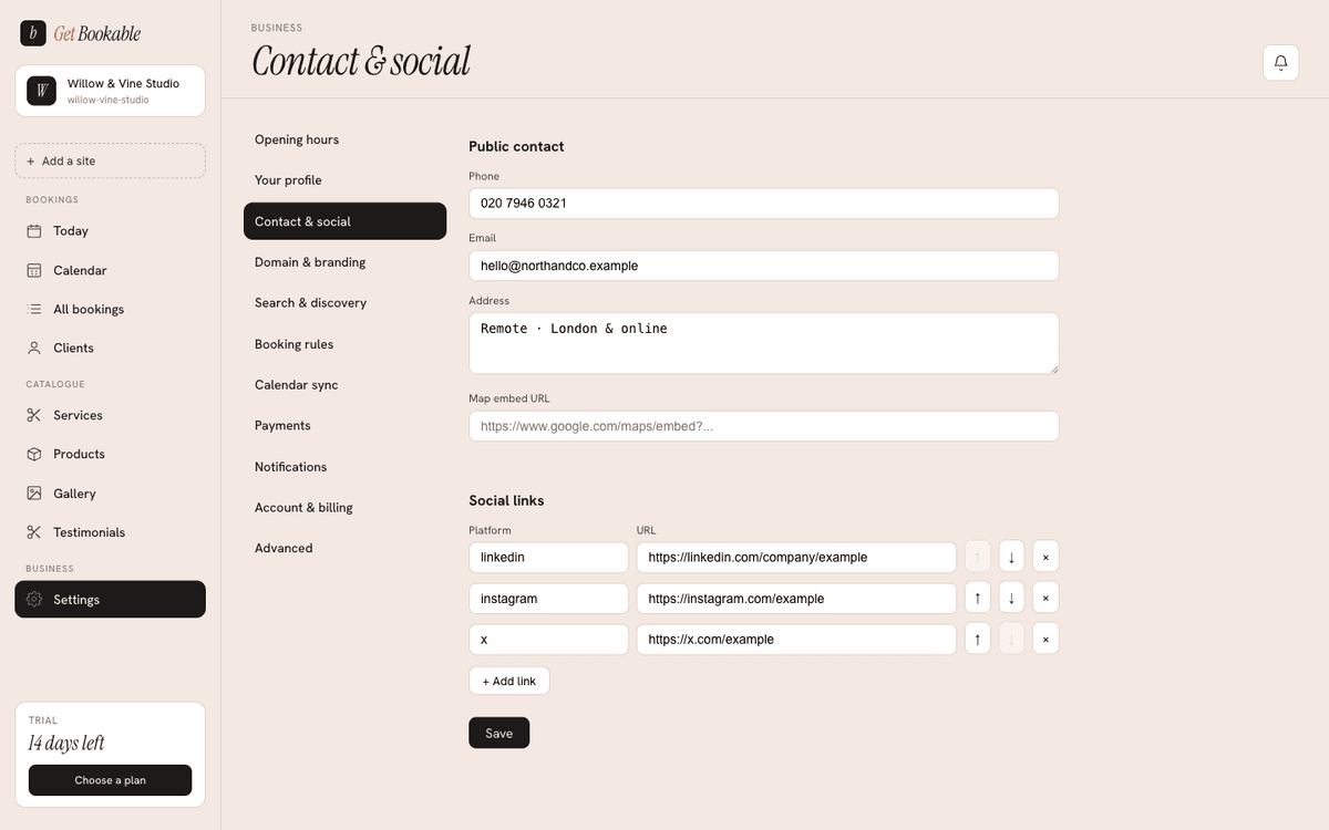 The Contact settings: public phone, email, address, a map embed, and social links.
