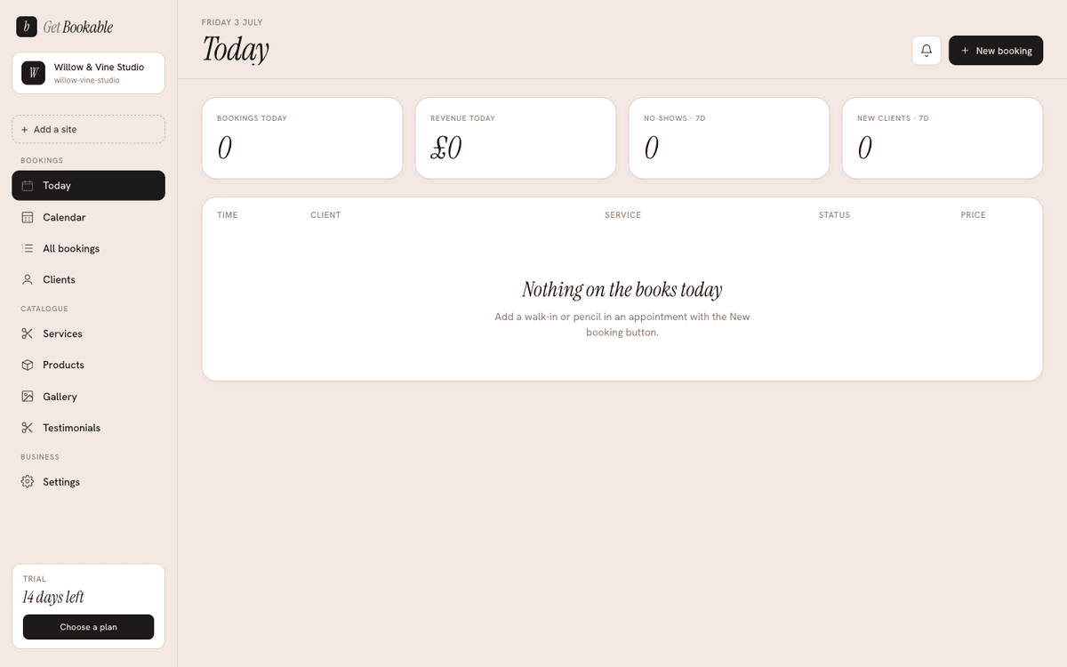 The Today screen: the sidebar navigation, today's stats, and the day's bookings list.