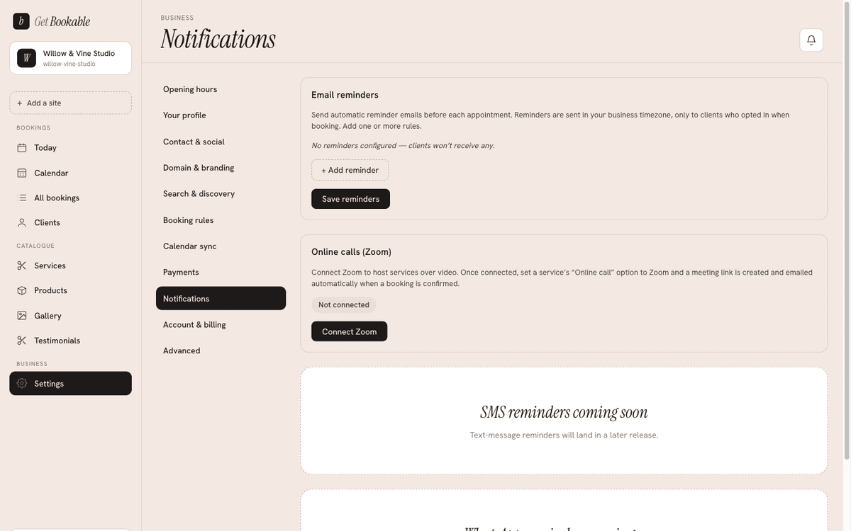 The Notifications settings, with the reminder-rule editor.