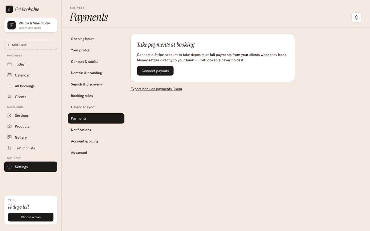 The Payments settings, where you connect Stripe to take deposits and payments.