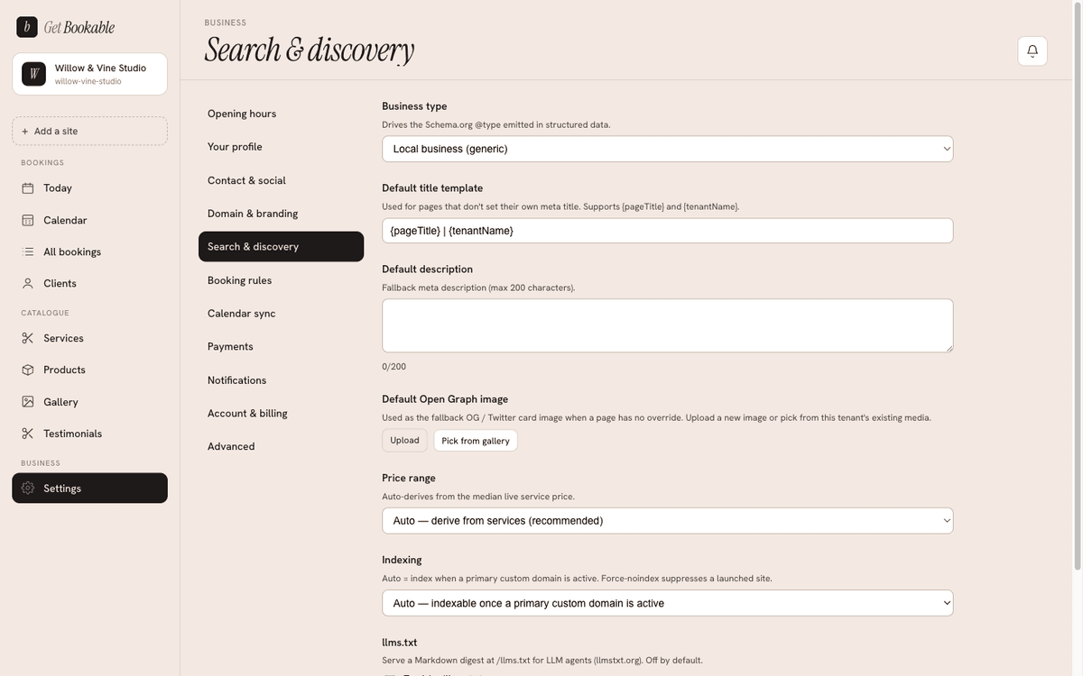 The Search & discovery settings: business type, titles and descriptions, share image, price range, and indexing.