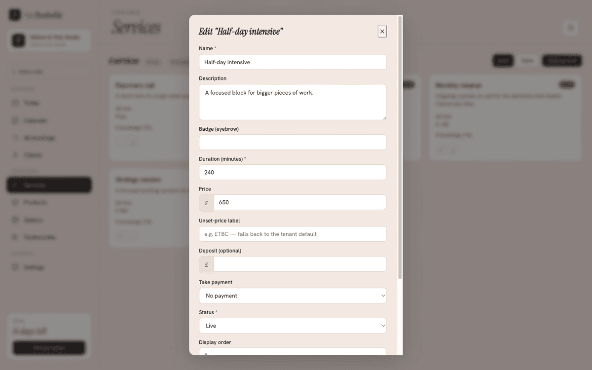 Editing a service, with the Take payment option set per service.