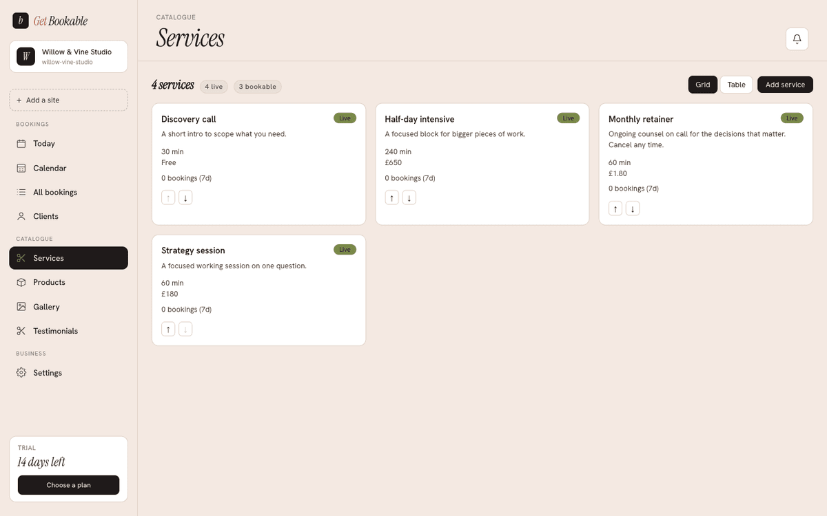 The Services screen, showing each service with its duration, price, and live status.