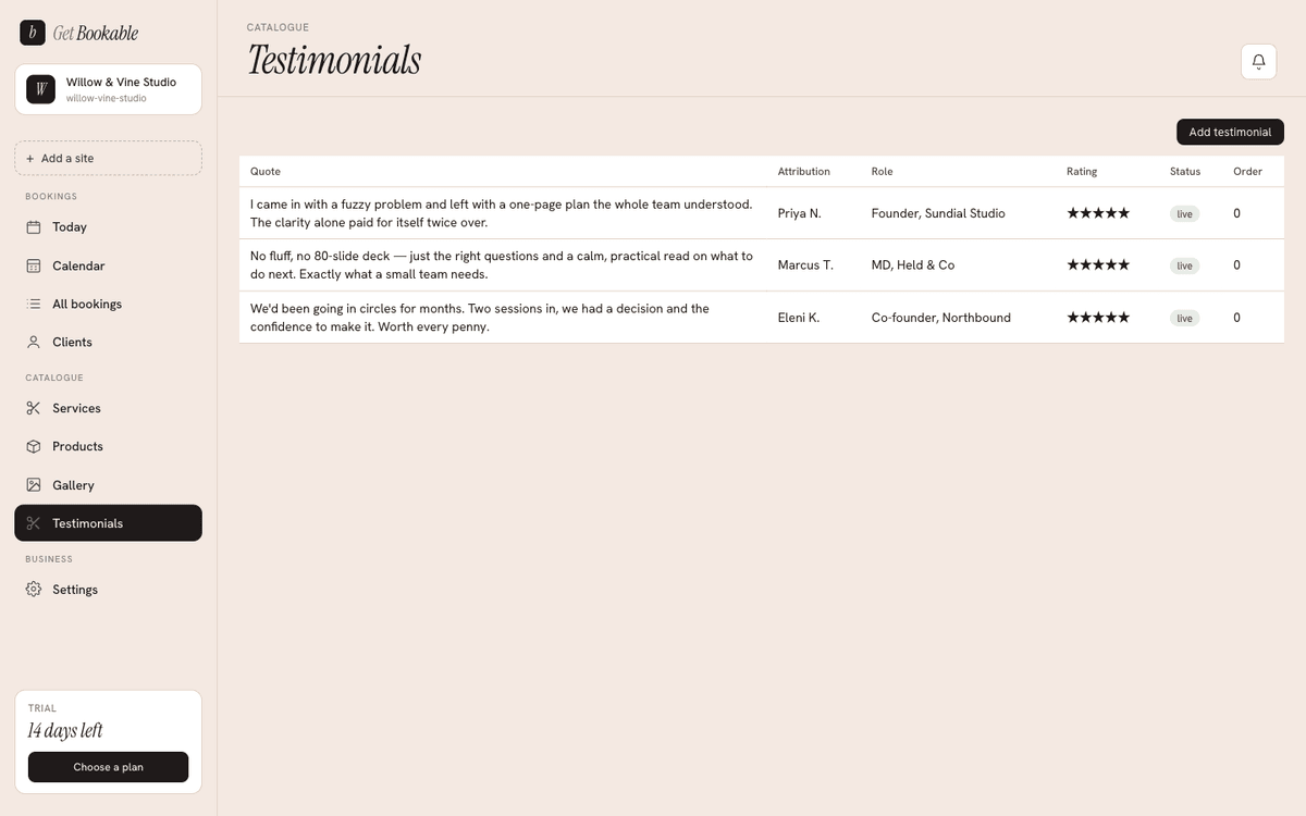 The Testimonials screen, where you collect and curate client quotes.